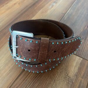 Vintage Lauren Ralph Lauren Brown Leather Belt Blue Studded Bead Silver Buckle L